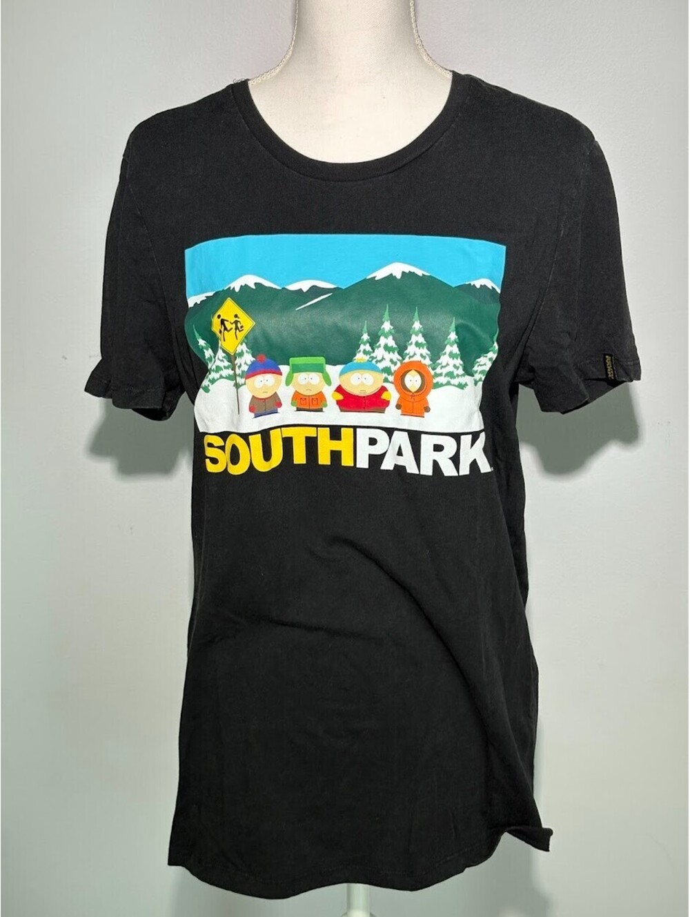South Park Mens Graphic T Shirt M (38/40) Black Soft Wash Bus Stop Cotton Blend